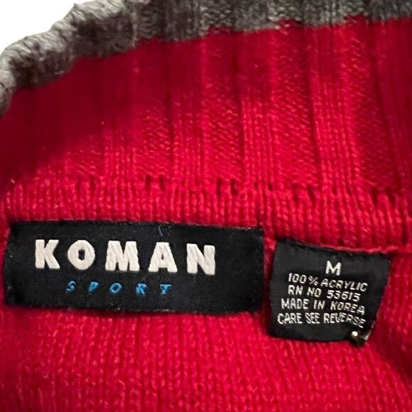 Koman Sport Mens Pullover Sweater Size M Red Gray Long Sleeve Stripe Collar Vint - Picture 2 of 7